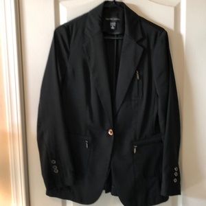 New York and Company, black jacket with silver buttons and zipper pocket trim